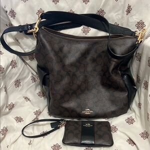 Coach Brown and Black Hobo Bag with Gold Hardware